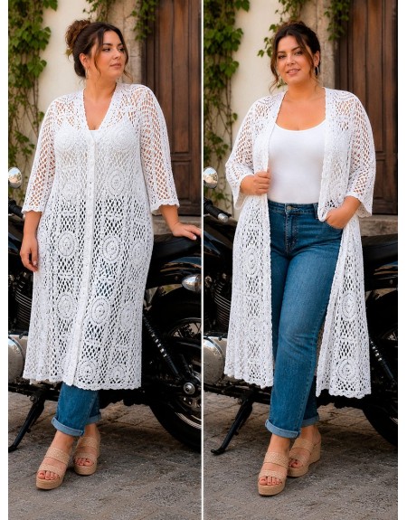 Chaqueta larga crochet Inma|Tres XL | Tallas grandes a buen precio